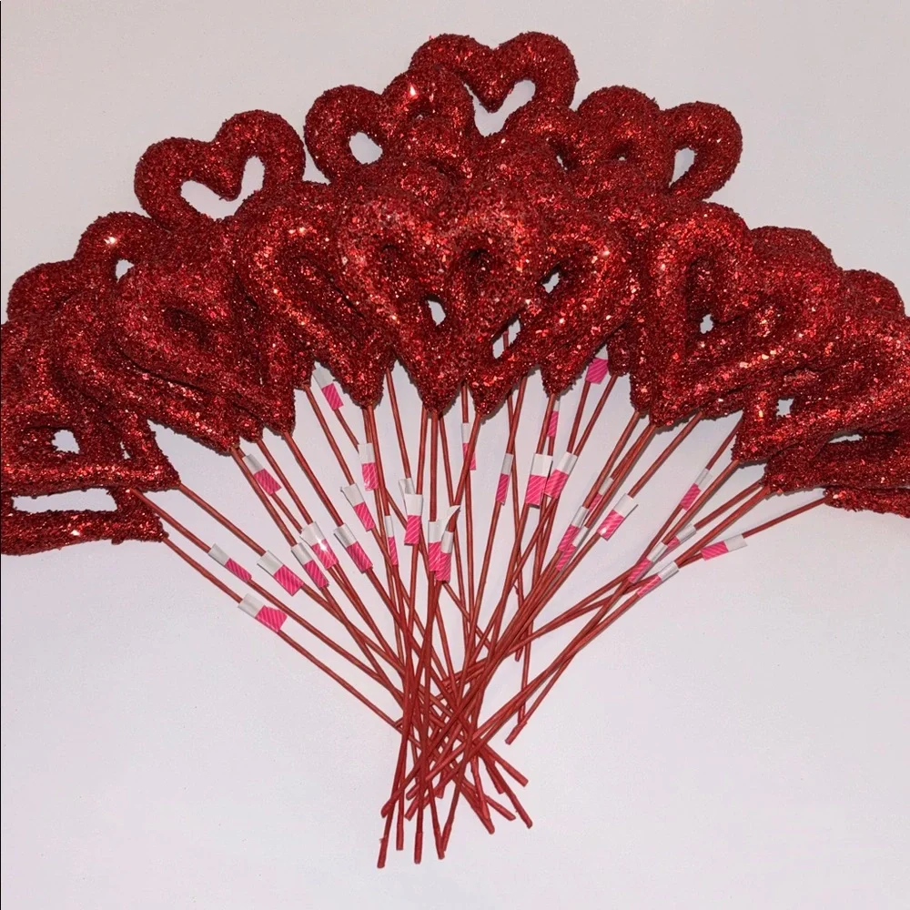 Red Heart Pics Red Glitter Floral Picks Set of 32 NWT Glitter Hearts Pics